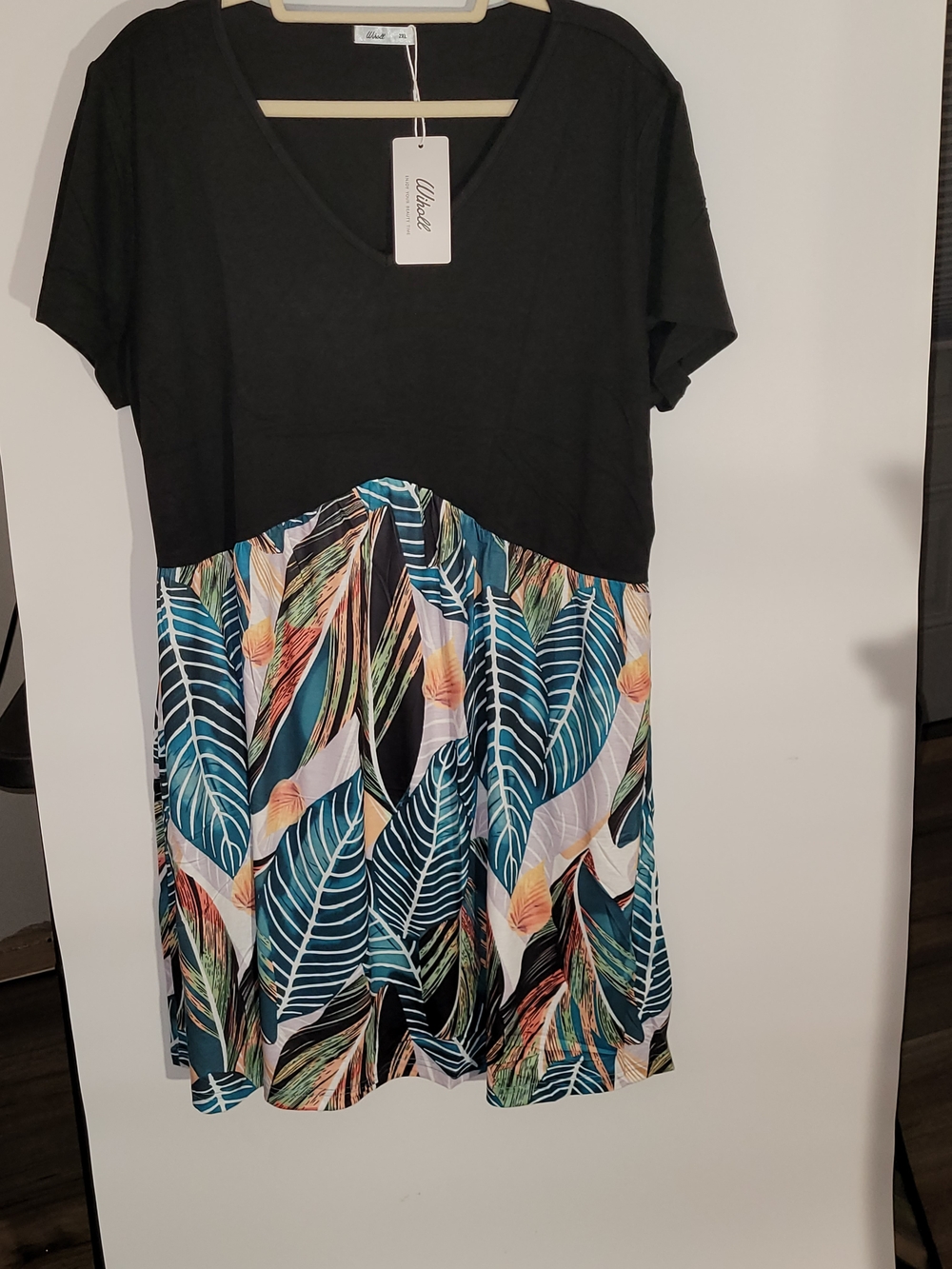 Wiholl Black V-Neck Tunic Dress with Teal and Multicolor Leaf Print